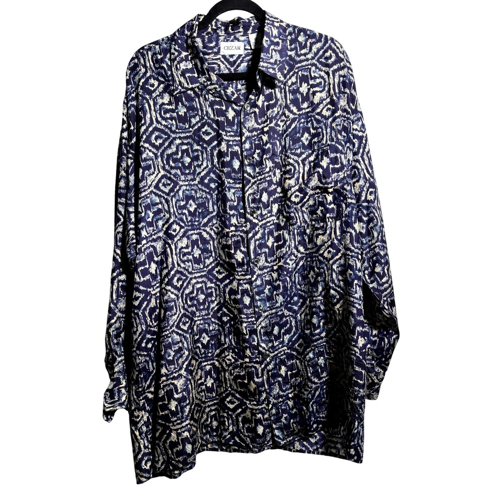 Vintage Cezar Blue Long Sleeve Silk Button Up Top Mens XXL Abstract Print Retro‎